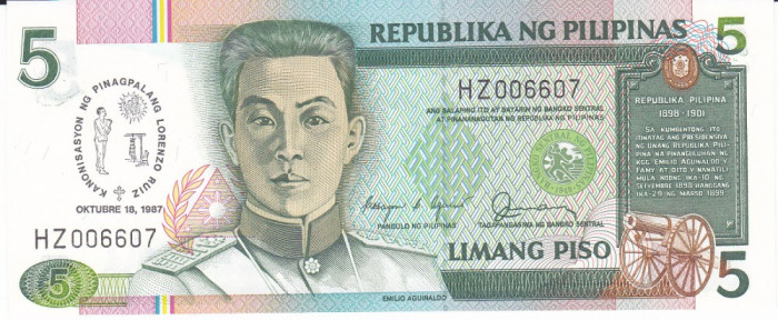 Bancnota Filipine 5 Piso 1987 - P176 UNC ( comemorativa , nr. mic serie )