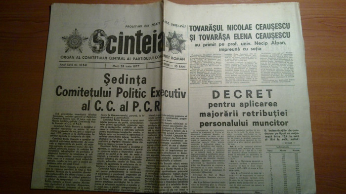 ziarul scanteia 28 iunie 1977-sedinta comitetului politic executiv al CC al PCR