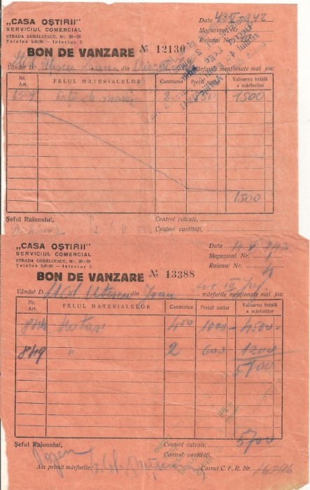 Casa Ostirii - lot 8 bonuri de vanzare - 1942