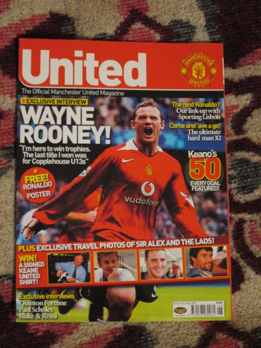 MANCHESTER UNITED - revista oficiala a clubului, 98 pagini (cu ROONEY si DAVID BECKHAM) - Iunie 2005, format mare, color in intregime - IMPECABILA!!!)