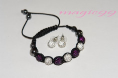 Set compus din bratara handmade alb-violet Shamballa si cercei cu cristale Swarovski albe, cutie cadou foto