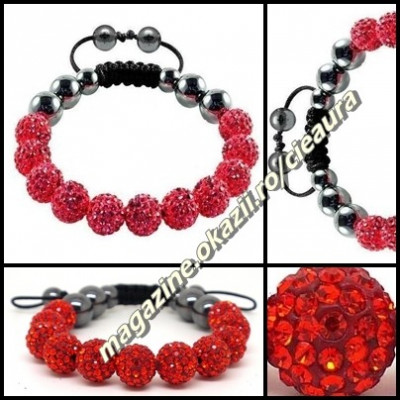 BRATARA SHAMBALLA ROSIE + CUTIE CADOU 9 BILE PIETRE CRISTALE 8 MAGNETI HEMATIT foto