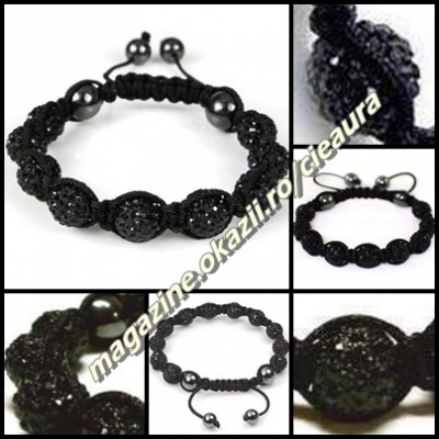 BRATARA ORIGINALA SHAMBALLA NEAGRA / JET + CUTIE CADOU 9 BILE CRISTALE 4 MAGNETI foto