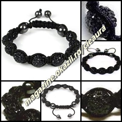 BRATARA ORIGINALA SHAMBALLA NEAGRA / JET + CUTIE CADOU 9 BILE CRISTALE 4 MAGNETI