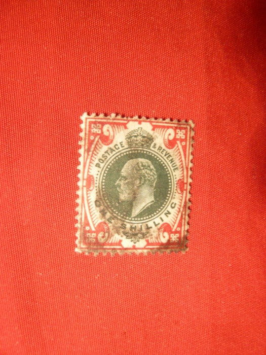 Timbru 1 Shiling verde si rosu 1902 Anglia Eduard VII , stamp.