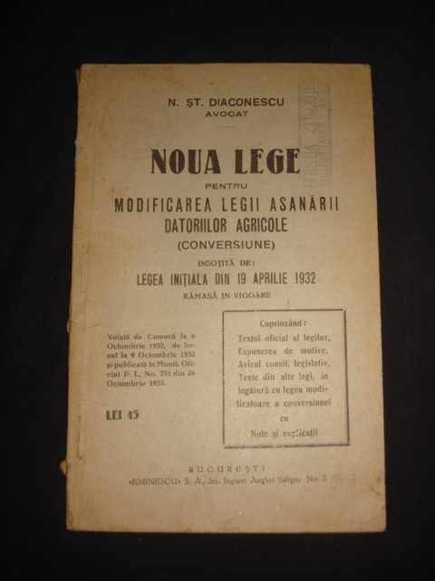 N. ST. Diaconescu - Noua lege pentru modificarea legii asanarii...(1932)