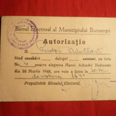 Legitimatie Delegat Biroul Electoral Bucuresti 1948