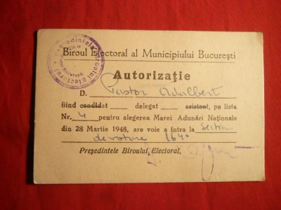 Legitimatie Delegat Biroul Electoral Bucuresti 1948 foto