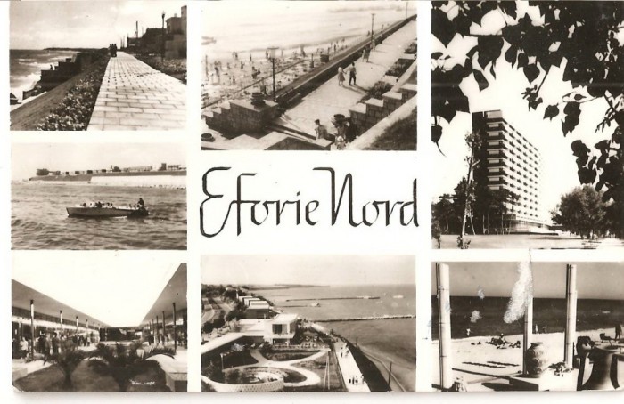 CPI (B1036) EFORIE NORD, MOZAIC 7 IMAGINI, EDITURA MERIDIANE, CPCS, CIRCULATA, 1968, TIMBRU FILATELIC.