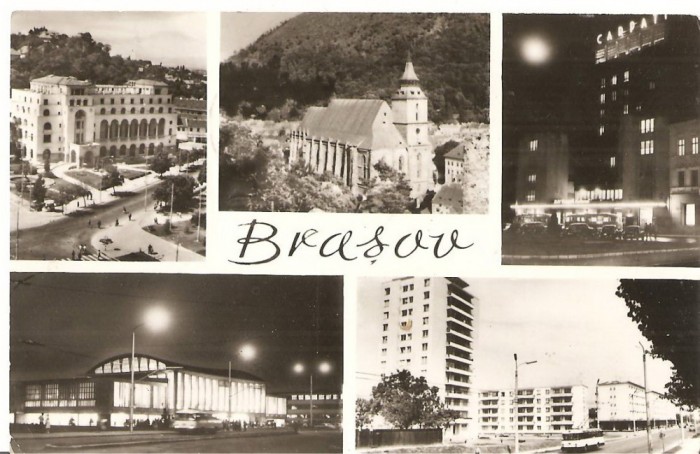 CPI (B1067) BRASOV, MOZAIC 5 IMAGINI, EDITURA MERIDIANE, CPCS, CIRCULATA 1969, STAMPILE, TIMBRU.