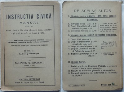 Dedulescu , Instructia civica ; Manual clasa a III -a gimnazii , Ploiesti , 1931 foto