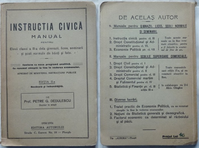 Dedulescu , Instructia civica ; Manual clasa a III -a gimnazii , Ploiesti , 1931