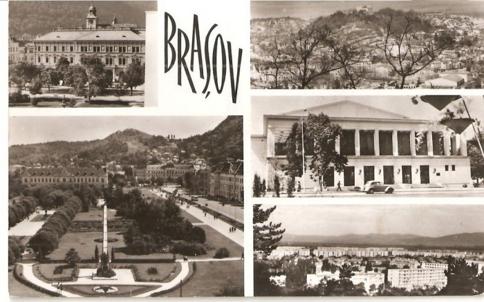 CPI (B1069) BRASOV, MOZAIC 4 IMAGINI, EDITURA MERIDIANE, CPCS, CIRCULATA 1967, STAMPILE, TIMBRU.