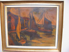 Tablou valoros deosebit pictura veche peisaj marin cu barci ulei pe panza semnat M.W. Arnold foto
