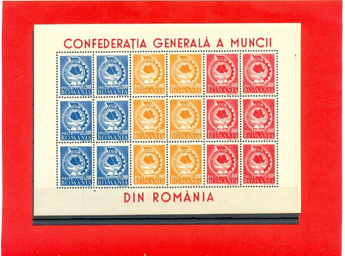 RO-0074=ROMANIA 1947 LP 209a Congresul CGM Coala de 6 serii cu manseta inscrMNH