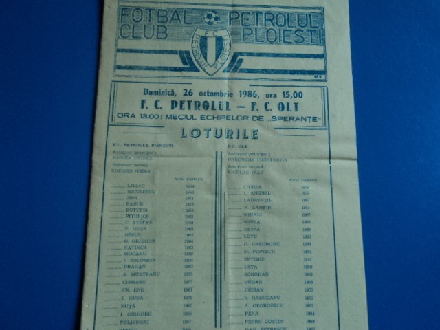 Program meci fotbal PETROLUL Ploiesti - FC OLT 26.10.1986