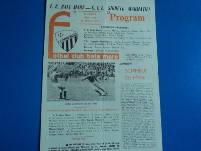 Program meci fotbal FC Baia Mare - CIL Sighetu Marmatiei 10.04.1977