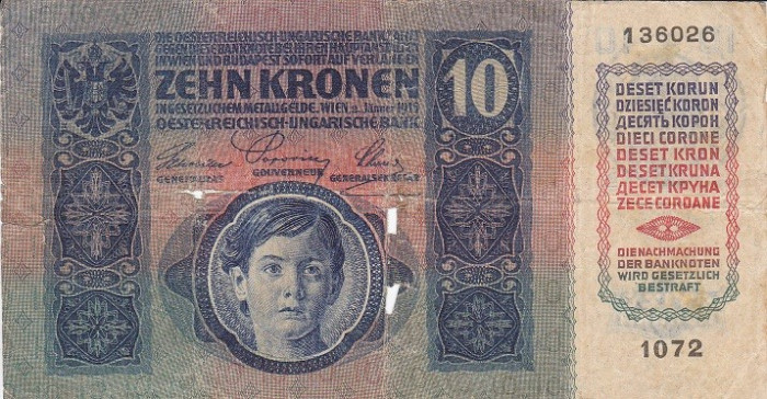 Austria-Ungaria 10 Koronen 1915 stampilata