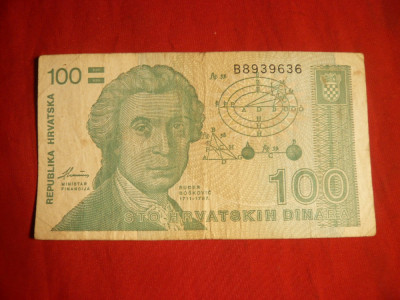 Bancnota 100 Dinari Kroatia 1991, cal.Buna foto