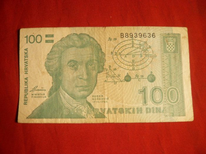 Bancnota 100 Dinari Kroatia 1991, cal.Buna