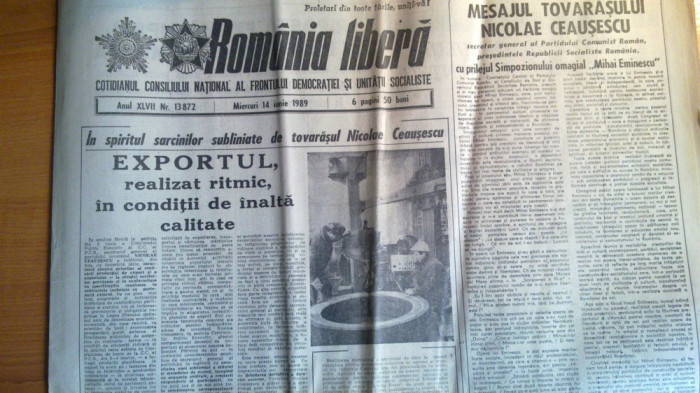 romania libera 14 iunie 1989-mesajul lui ceausescu la simpozionul m. eminescu