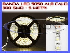 ROLA BANDA 300 LED - LEDURI SMD 5050 ALB CALD (ALBA, ALBE) - 5 METRI, IMPERMEABILA (WATERPROOF), FLEXIBILA foto