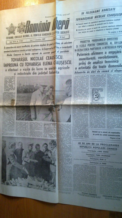 ziarul romania libera 2 octombrie 1989 (vizita lui ceausescu in jud. ialomita )