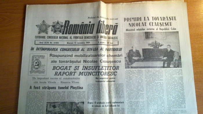 ziarul romania libera 15 noiembrie 1989-ceausescu si ministrul din cuba