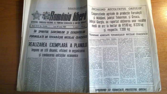 ziarul romania libera 19 iunie 1989-realizarea exemplara a planului