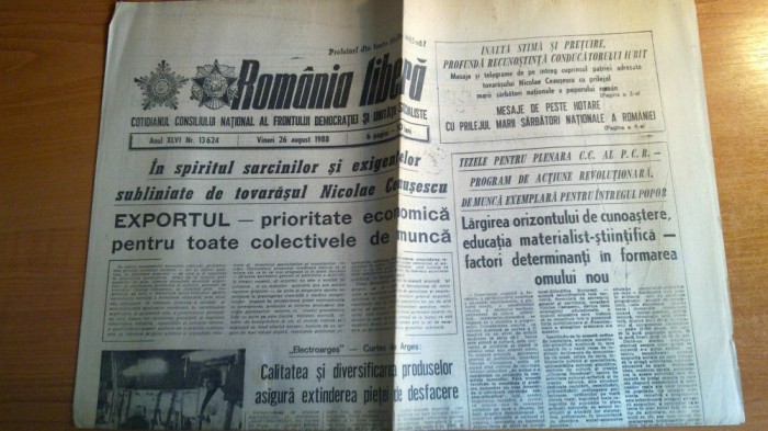 romania libera 26 august 1988-mesajele cu ocazia marii sarbatori nationale