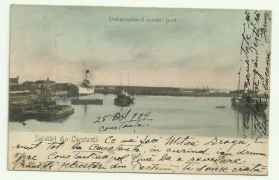 Constanta : debarcaderul noului port - U.P.U., circulata 1904,timbru foto