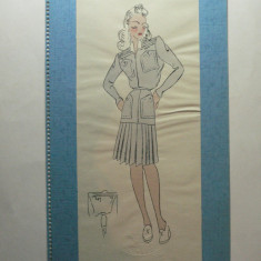 10 - MODA FEMININA VINTAGE ANII 1930 - 40. CROCHIU PE SUPORT DE CARTON CU PASSEPARTOUT - LITOGRAFIE - DIMENSIUNI 32 X 17 CM