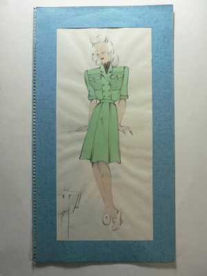 4 - MODA FEMININA VINTAGE ANII 1930 - 40. CROCHIU PE SUPORT DE CARTON CU PASSEPARTOUT - LUCRAT MANUAL CREION SI ACUARELA - DIMENSIUNI 32 X 17 CM foto