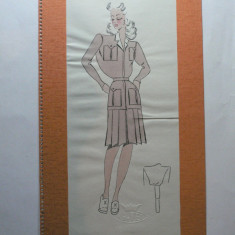 9 - MODA FEMININA VINTAGE ANII 1930 - 40. CROCHIU PE SUPORT DE CARTON CU PASSEPARTOUT - LITOGRAFIE - DIMENSIUNI 32 X 17 CM