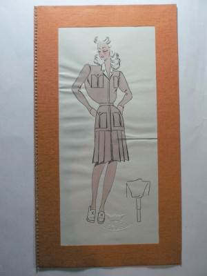 9 - MODA FEMININA VINTAGE ANII 1930 - 40. CROCHIU PE SUPORT DE CARTON CU PASSEPARTOUT - LITOGRAFIE - DIMENSIUNI 32 X 17 CM foto