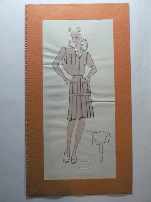 9 - MODA FEMININA VINTAGE ANII 1930 - 40. CROCHIU PE SUPORT DE CARTON CU PASSEPARTOUT - LITOGRAFIE - DIMENSIUNI 32 X 17 CM