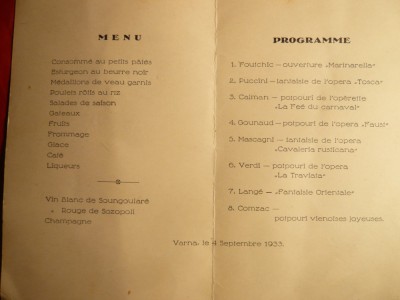 Meniu si Program Artistic Varna 1933 -restaurant foto