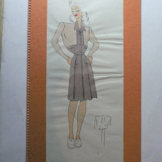 5 - MODA FEMININA VINTAGE ANII 1930 - 40. CROCHIU PE SUPORT DE CARTON CU PASSEPARTOUT - LITOGRAFIE - DIMENSIUNI 32 X 17 CM