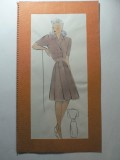 1 - MODA FEMININA VINTAGE ANII 1930 - 40. CROCHIU PE SUPORT CARTON CU PASSEPARTOUT - LITOGRAFIE - DIMENSIUNI 32 X 17 CM