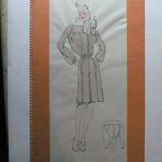 6 - MODA FEMININA VINTAGE ANII 1930 - 40. CROCHIU PE SUPORT DE CARTON CU PASSEPARTOUT - LITOGRAFIE - DIMENSIUNI 32 X 17 CM