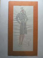 13 - MODA FEMININA VINTAGE ANII 1930 - 40. CROCHIU PE SUPORT DE CARTON CU PASSEPARTOUT - LITOGRAFIE - DIMENSIUNI 32 X 17 CM