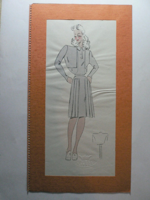 13 - MODA FEMININA VINTAGE ANII 1930 - 40. CROCHIU PE SUPORT DE CARTON CU PASSEPARTOUT - LITOGRAFIE - DIMENSIUNI 32 X 17 CM