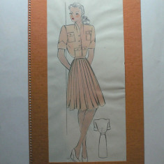 11 - MODA FEMININA VINTAGE ANII 1930 - 40. CROCHIU PE SUPORT DE CARTON CU PASSEPARTOUT - LITOGRAFIE - DIMENSIUNI 32 X 17 CM