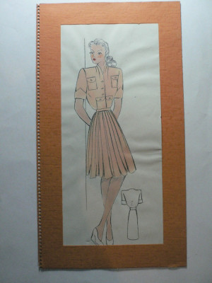 11 - MODA FEMININA VINTAGE ANII 1930 - 40. CROCHIU PE SUPORT DE CARTON CU PASSEPARTOUT - LITOGRAFIE - DIMENSIUNI 32 X 17 CM foto