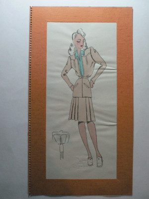 15 - MODA FEMININA VINTAGE - ANII 1930 - 40. CROCHIU PE SUPORT DE CARTON CU PASSEPARTOUT - LITOGRAFIE - DIMENSIUNI 32 X 17 CM foto