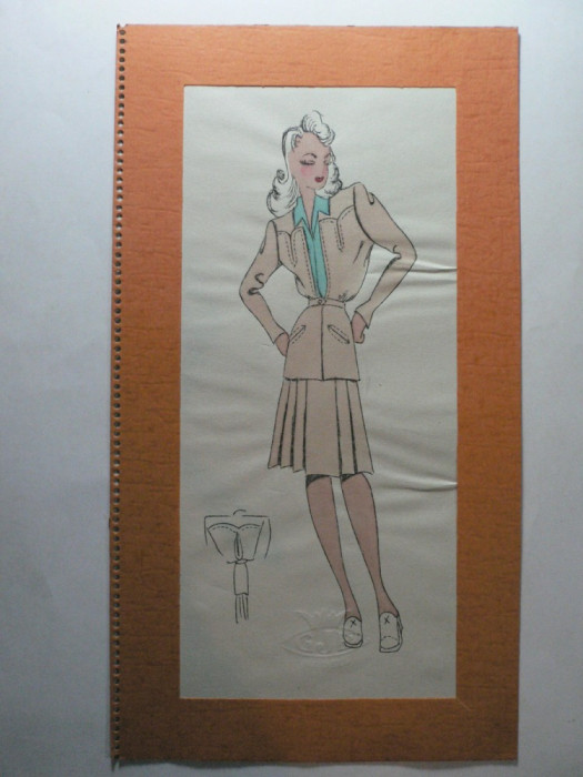 15 - MODA FEMININA VINTAGE - ANII 1930 - 40. CROCHIU PE SUPORT DE CARTON CU PASSEPARTOUT - LITOGRAFIE - DIMENSIUNI 32 X 17 CM