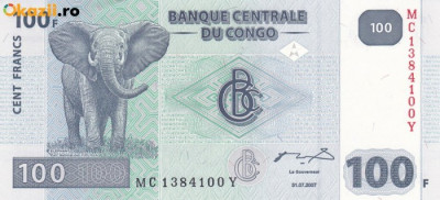 Bancnota Congo 100 Franci 2007 - P98 UNC foto