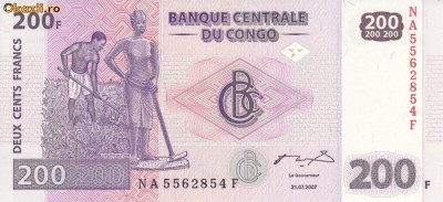 Bancnota Congo 200 Franci 2007 - P99 UNC foto