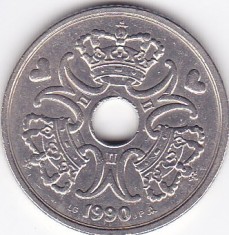 Moneda Danemarca 5 Kroner 1990 - KM#869.1 VF