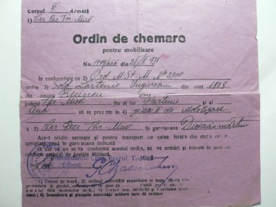 ORDIN DE CHEMARE PENRU MOBILIZARE - PERIOADA INTERBELICA foto